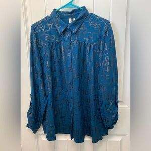 NY Collection Teal/gold pattern button up blouse. Size 2X. Roll tab sleeves.